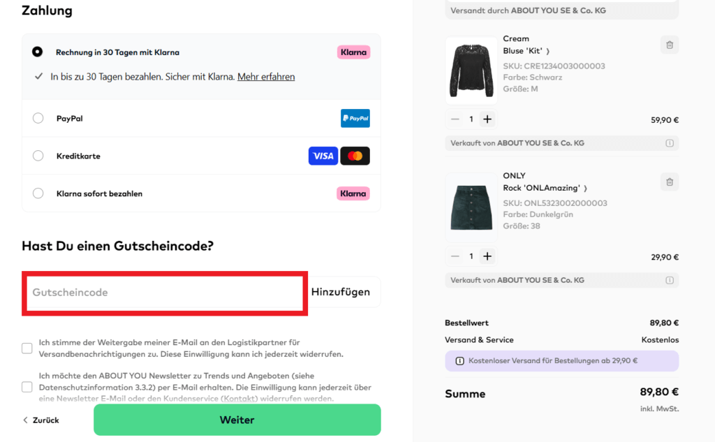 ABOUT YOU Gutscheincode eingeben