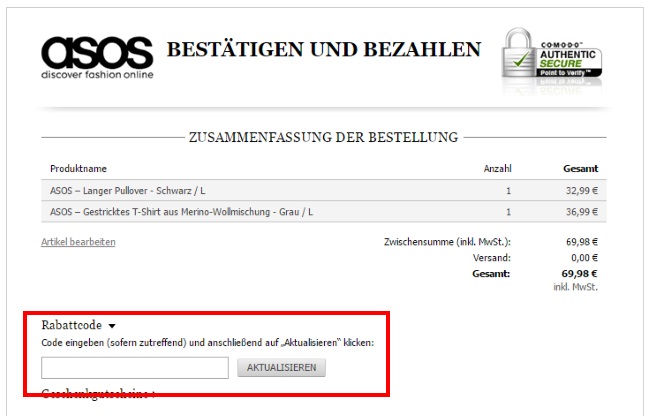 ASOS Rabattcode eintragen