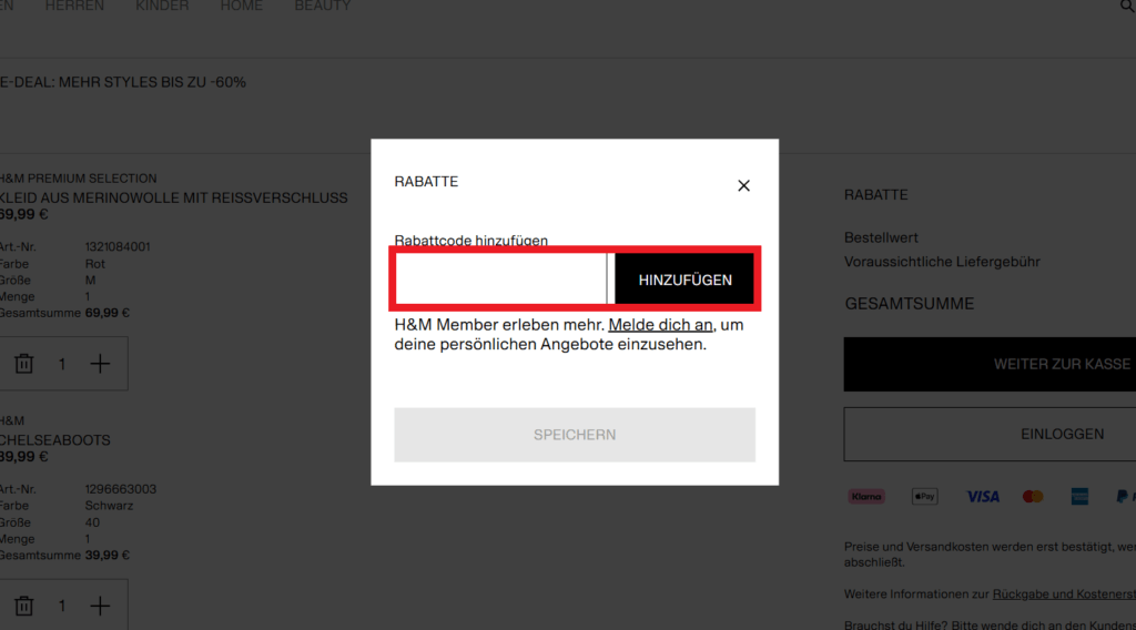 H&M Gutscheincode eingeben