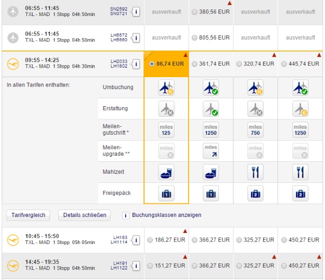 Lufthansa Flugauswahl