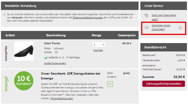 Mirapodo Gutschein einlösen
