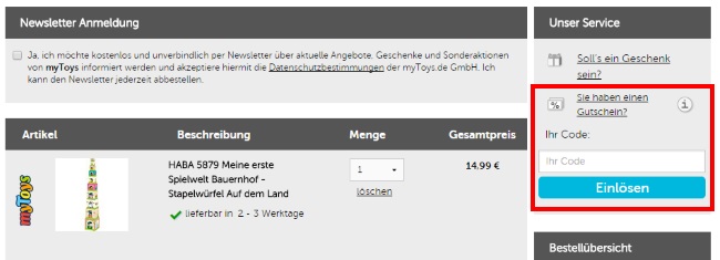 myToys Gutschein einlösen