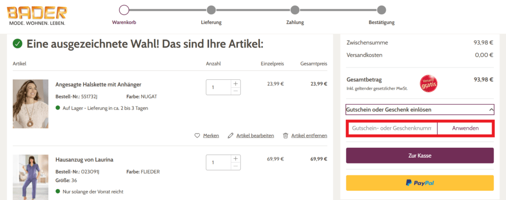 Bader Gutscheinnummer eingeben