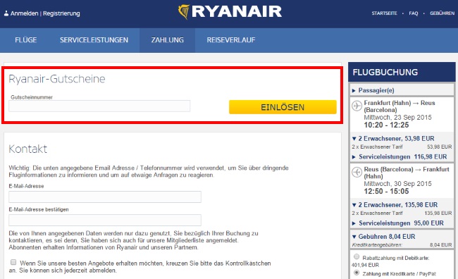 Ryanair Gutschein einlösen