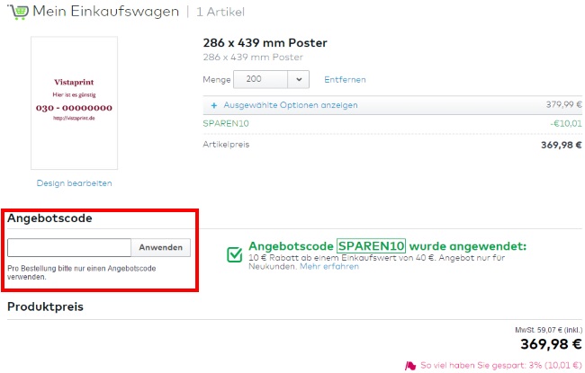 Vistaprint Angebotscode eingeben
