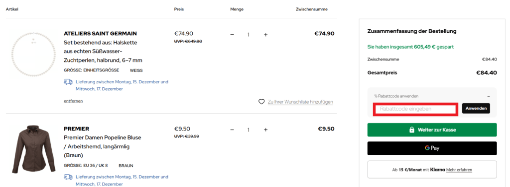 dress for less Rabattcode eingeben