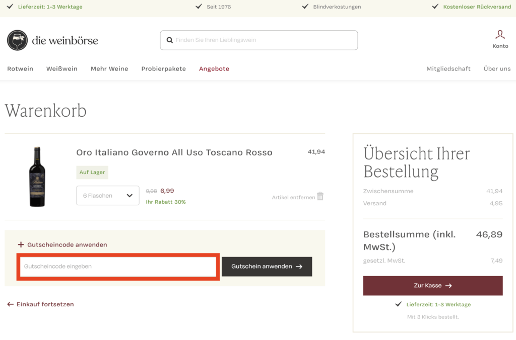 Die Weinboerse Gutschein anwenden