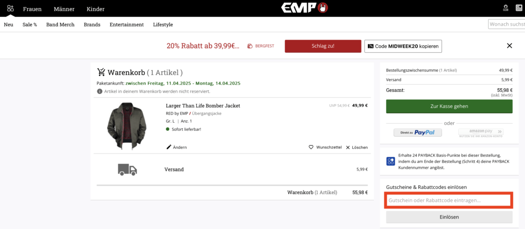 EMP Rabattcode einlösen