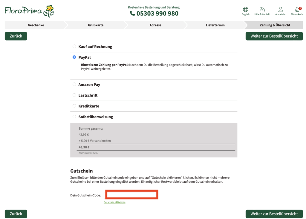 FloraPrima Gutschein aktivieren