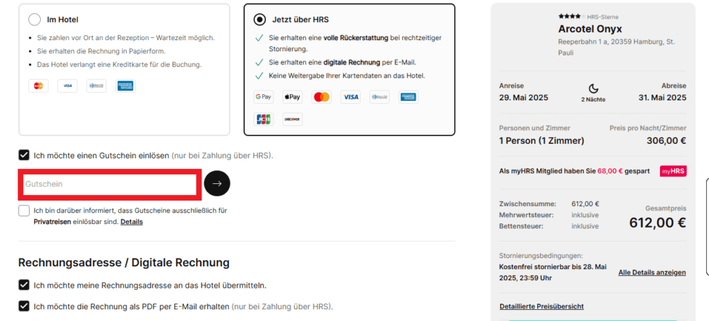 Gutschein einlösen HRS