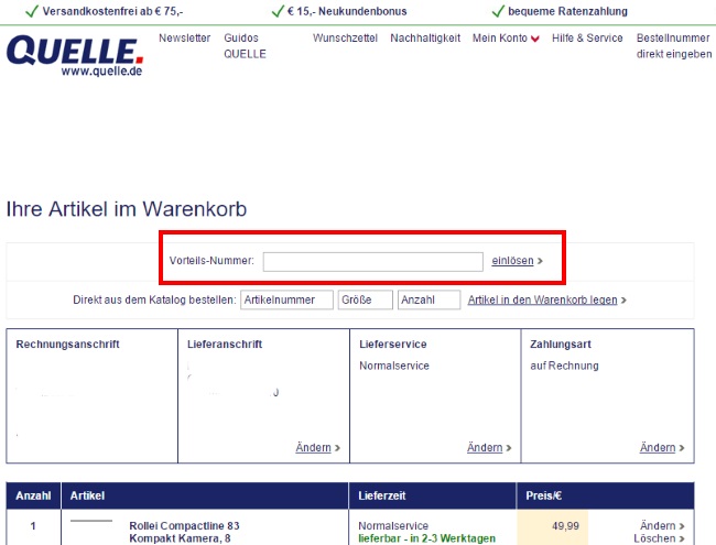 Quelle Gutschein einlösen