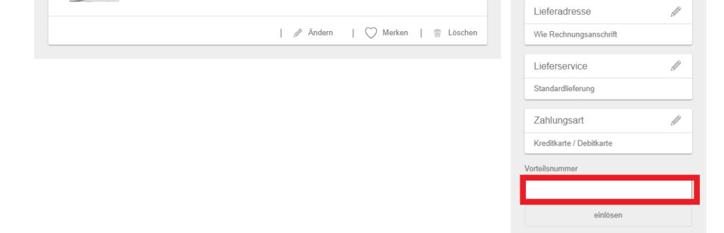 Vorteilsnummer Quelle eingeben