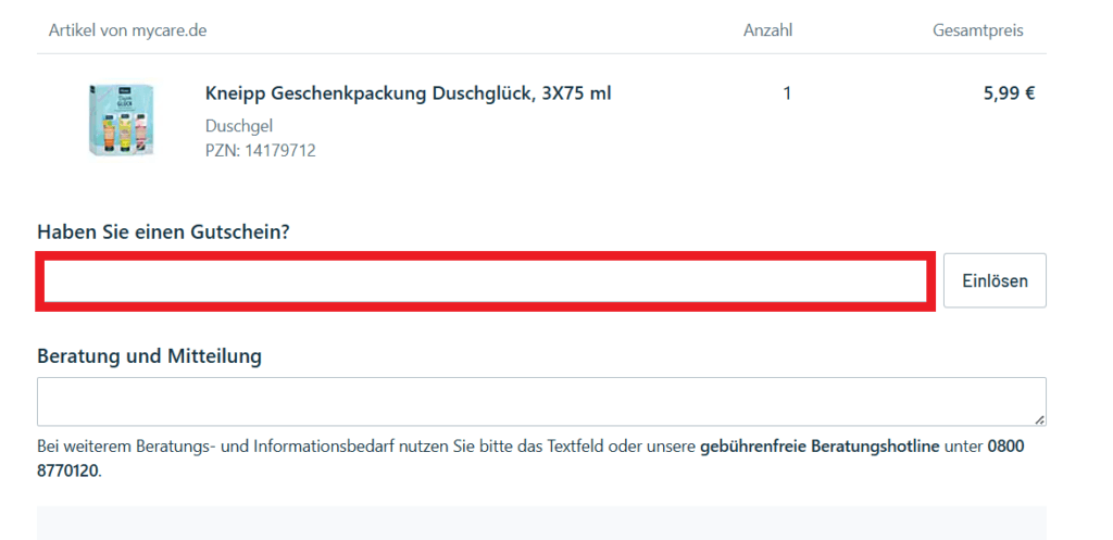 mycare Gutschein eingeben