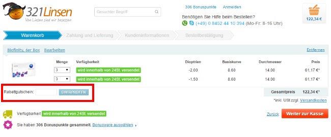 321Linsen Gutschein einlösen