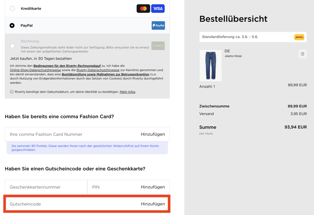 Comma Gutscheincode hinzufuegen