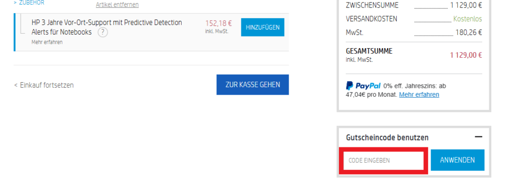 Gutschein Code HP eingeben
