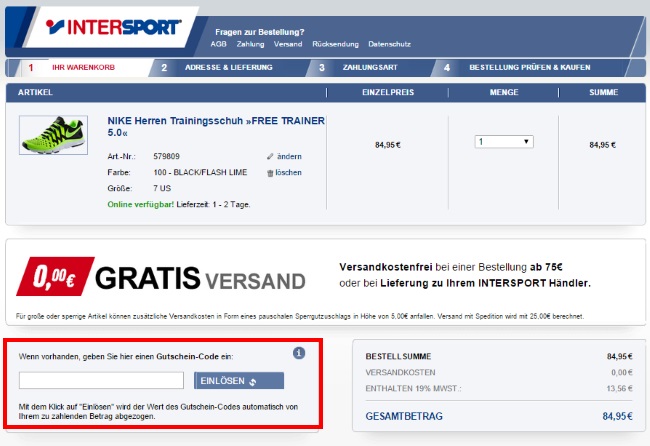 Intersport Gutschein einlösen