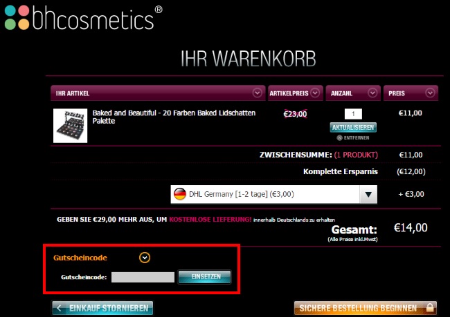 BH Cosmetics Gutschein einlösen