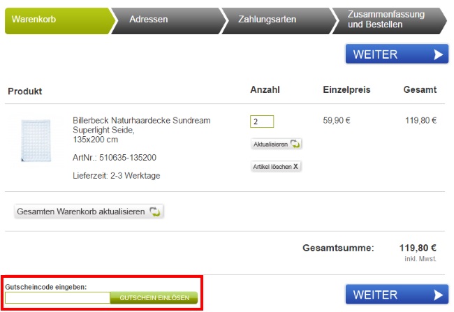 Bettwaren Shop Gutschein einlösen