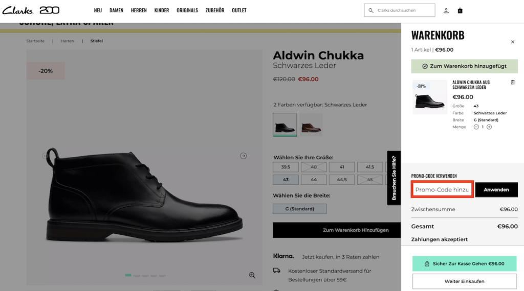 Clarks Promo-Code hinzufuegen