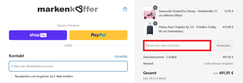 Markenkoffer Rabattcode einlösen