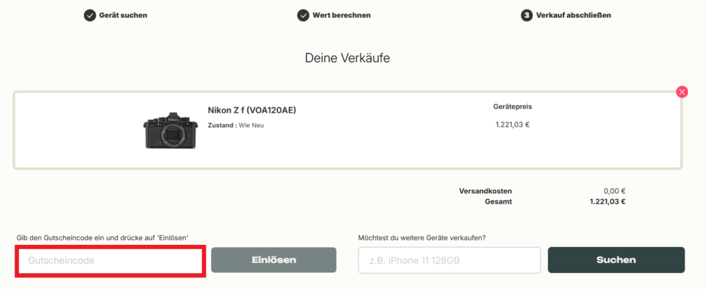 WIRKAUFENS Gutscheincode eingeben