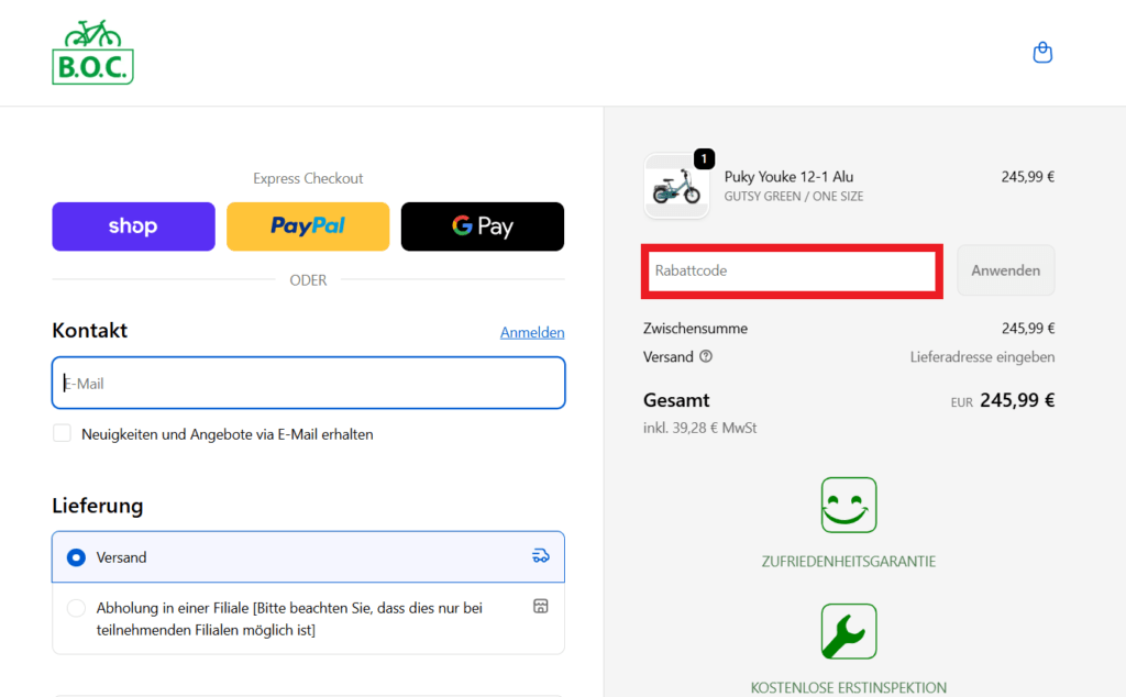 B.O.C. Rabattcode eingeben