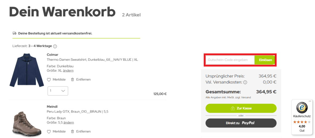 Sport Schuster Gutschein-Code eingeben