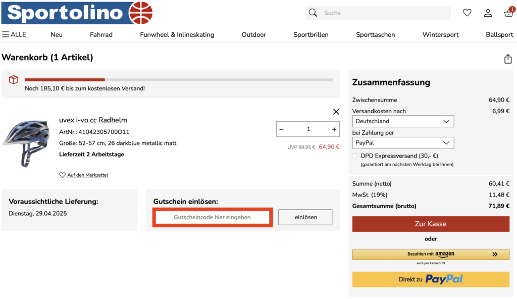 Sportolino Gutschein einlösen