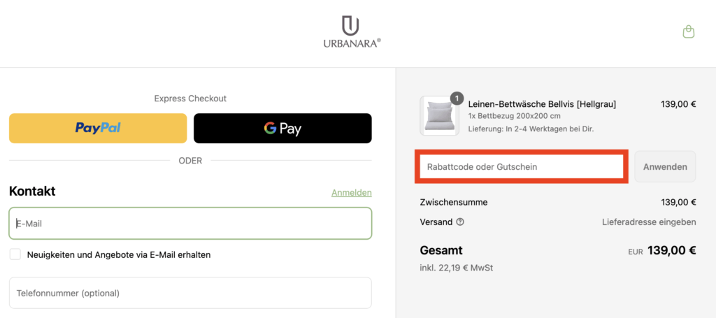 URBANARA Rabattcode anwenden