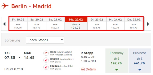Austrian Airlines Preisübersicht