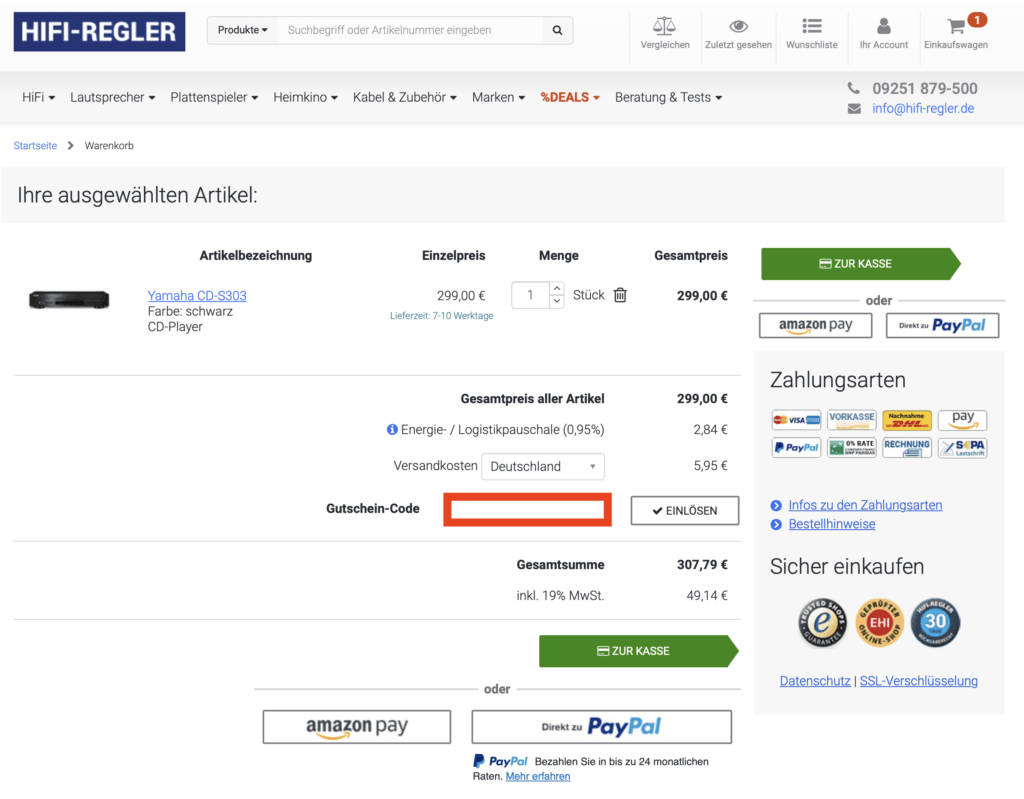 HIFI Regler Gutschein-Code einloesen