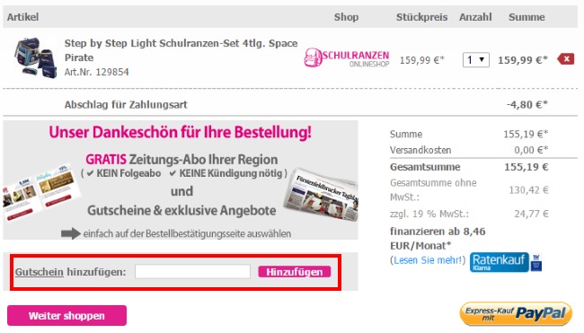 Schulranzen Onlineshop Gutschein einlösen