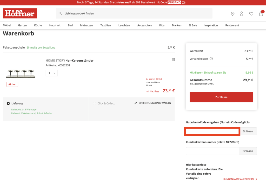 Höffner Gutscheincode einlösen