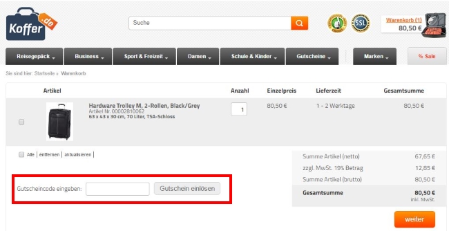 Koffer.de Gutschein einlösen