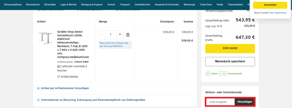 Schaefer Shop Aktionscode eingeben