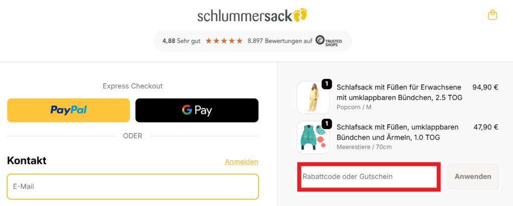 Schlummersack Rabattcode eingeben