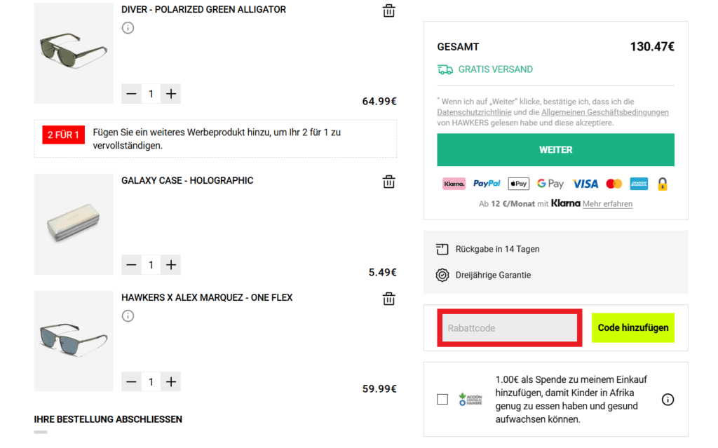 Hawkers Rabattcode eingeben