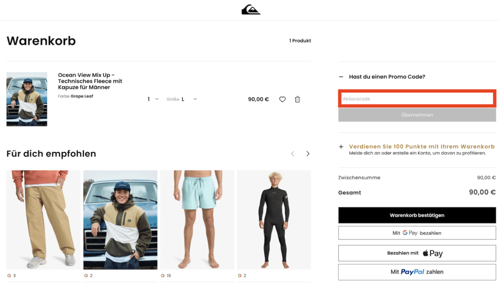 QUIKSILVER Aktionscode übernehmen