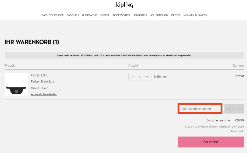 Kipling Aktionscode anwenden