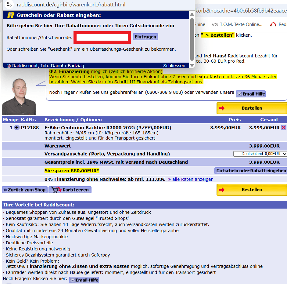 Raddiscount Gutscheincode anwenden