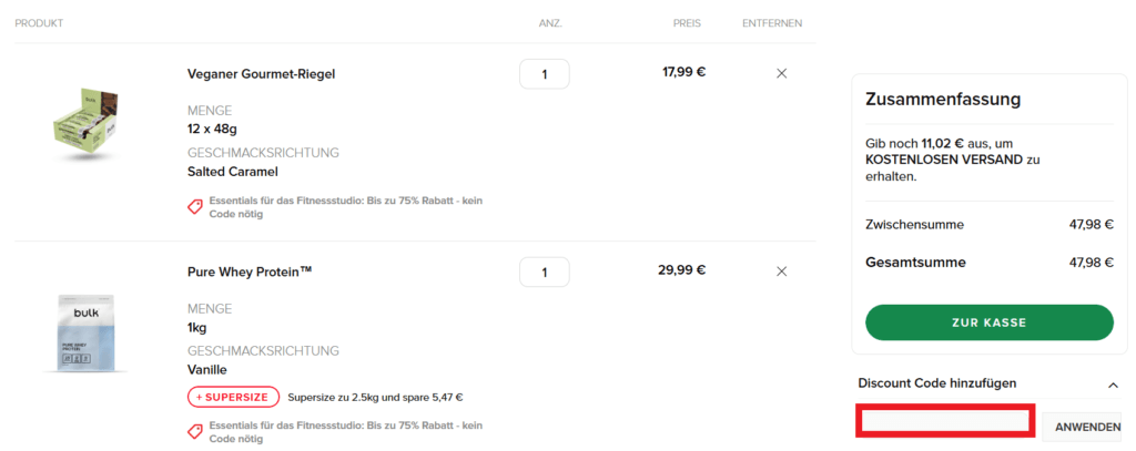 bulk Rabattcode eingeben