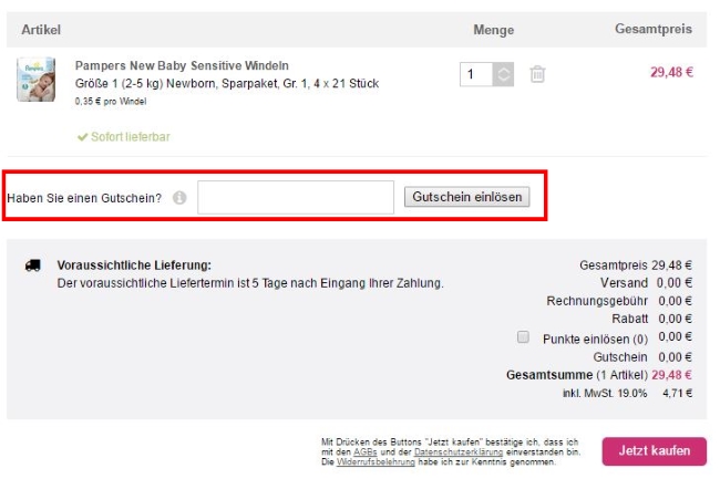 Windeln.de Gutscheine einlösen