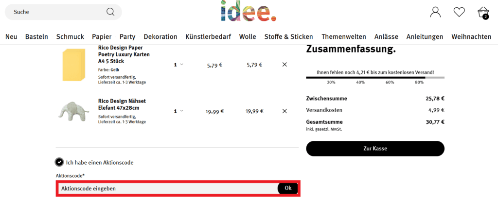 idee. Aktionscode eingeben