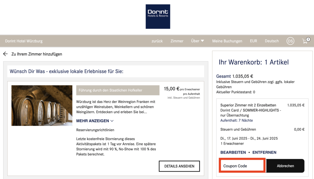 Dorint Coupon Code anwenden