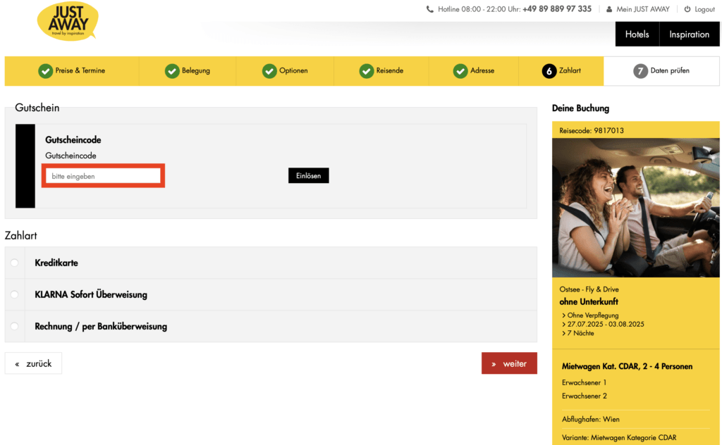 JUST AWAY Gutscheincode einloesen