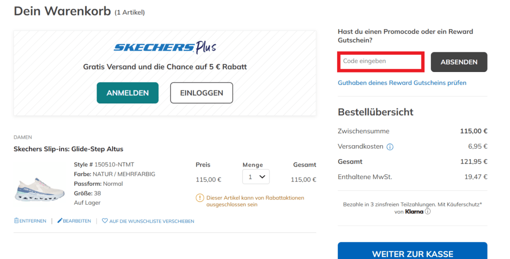 Skechers Code anwenden