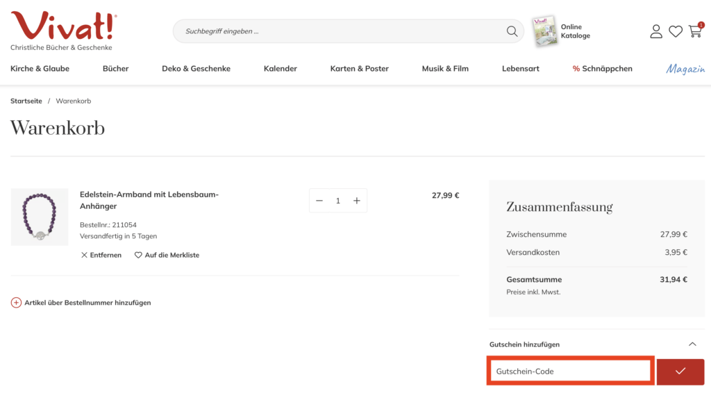 Vivat Gutscheincode hinzufuegen