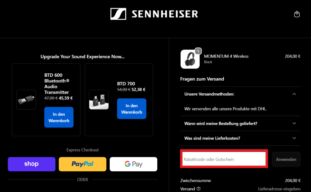 Sennheiser Rabattcode eingeben