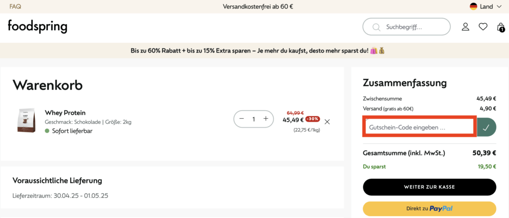 Foodspring Gutschein-Code eingeben